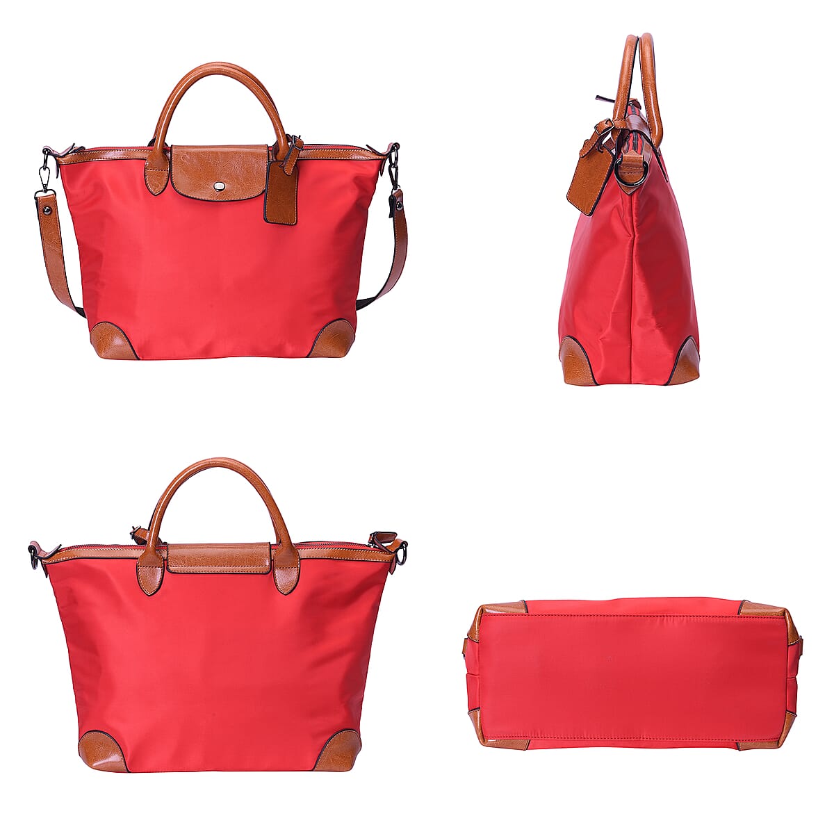 Red Nylon and Brown Genuine Leather Tote Bag with Handle Drop image number 2