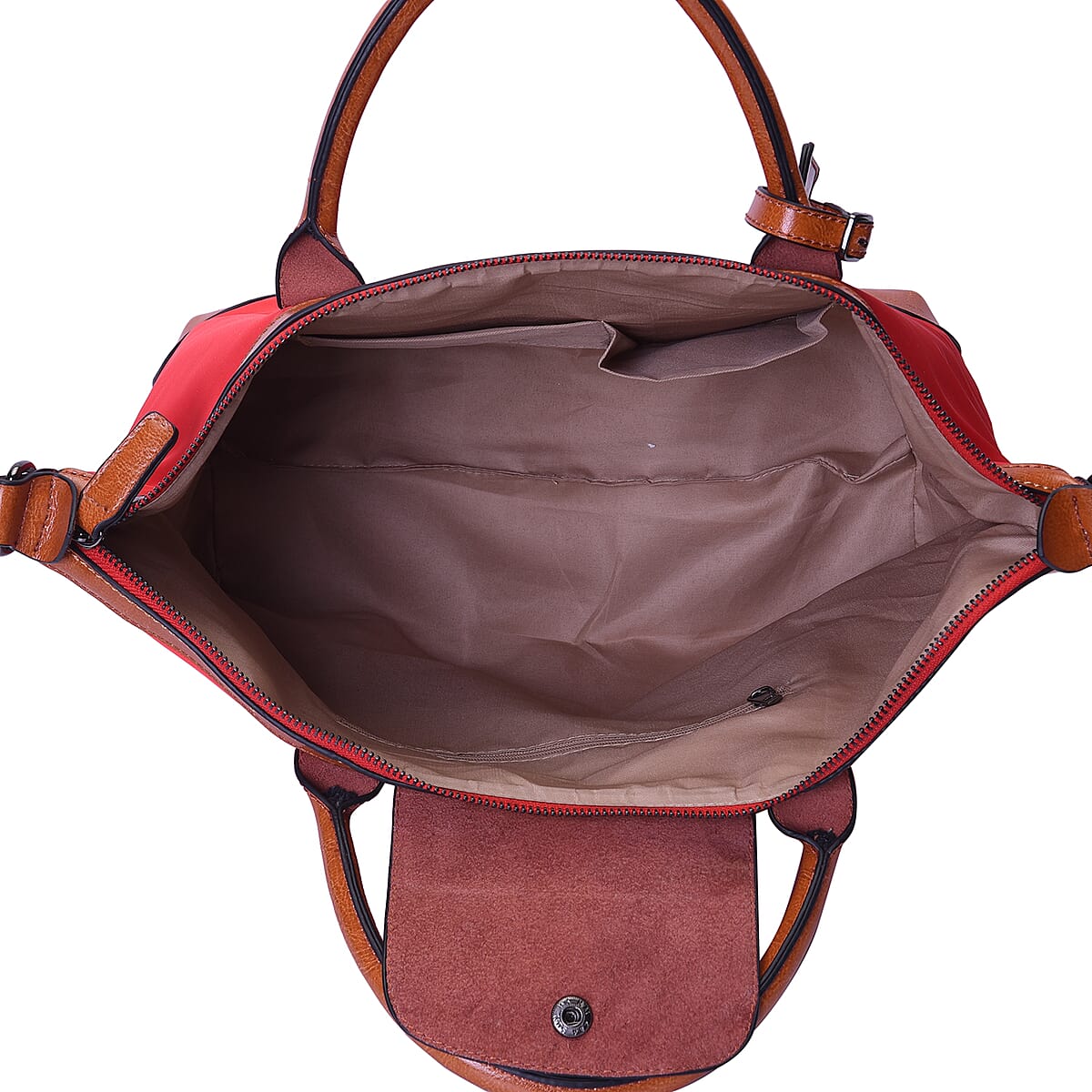 Red Nylon and Brown Genuine Leather Tote Bag with Handle Drop image number 3