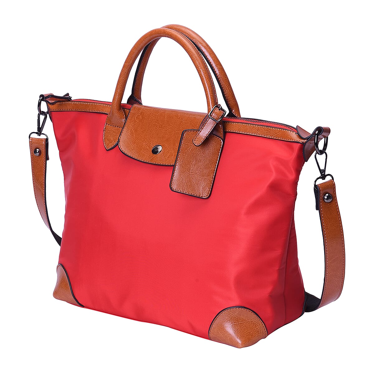 Red Nylon and Brown Genuine Leather Tote Bag with Handle Drop image number 4
