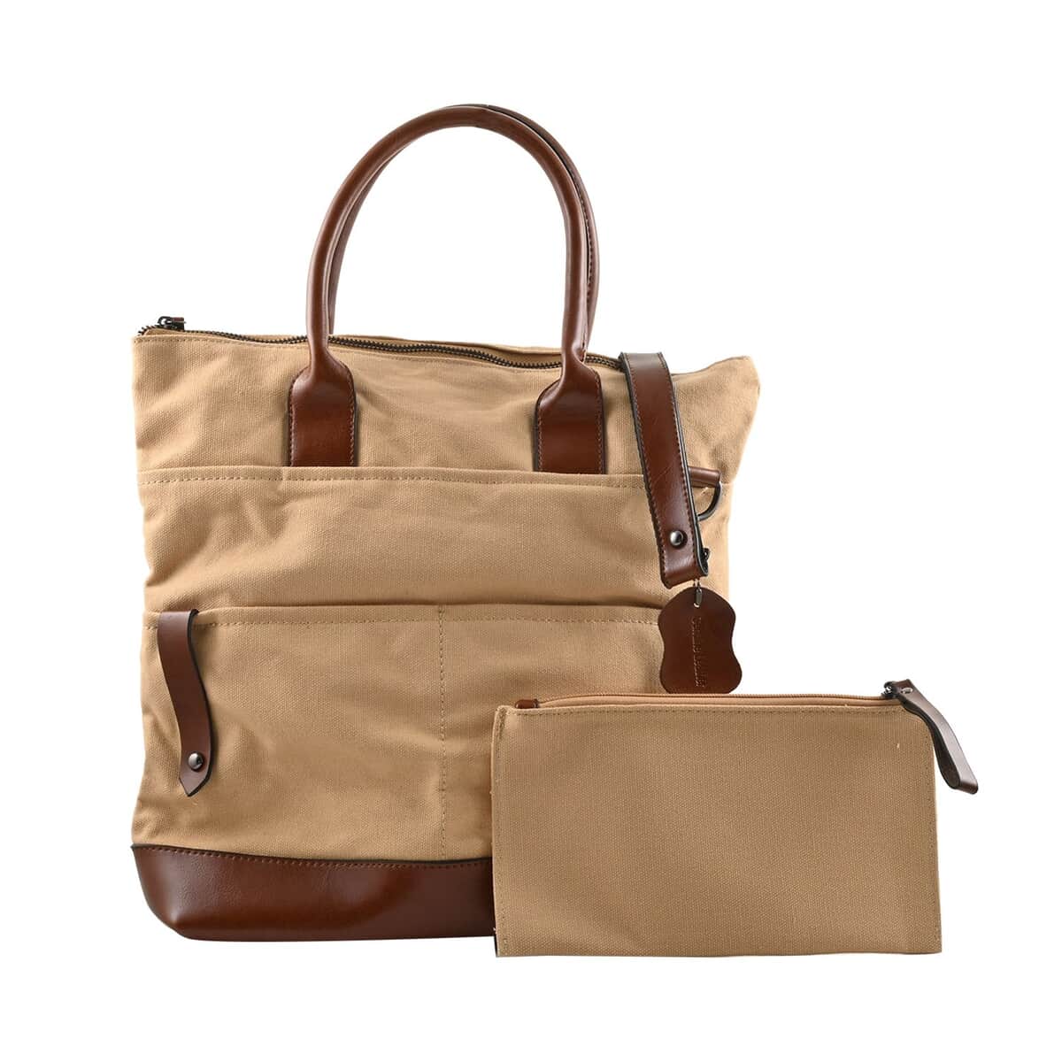 Khaki Canvas and Brown Genuine Leather Tote Bag with Clutch Bag image number 0