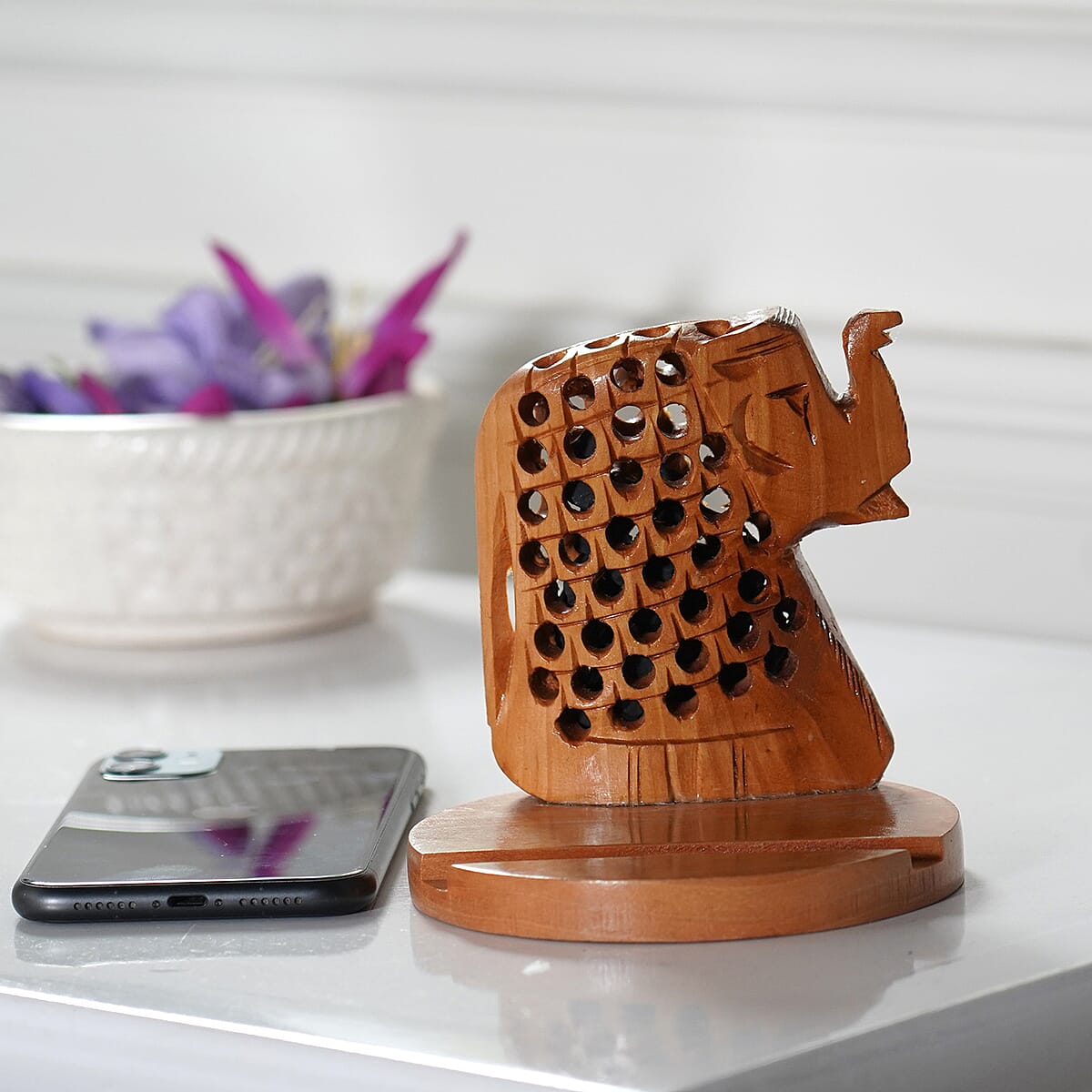 Wooden Hand Carved Elephant Mobile Holder with Shungite image number 1