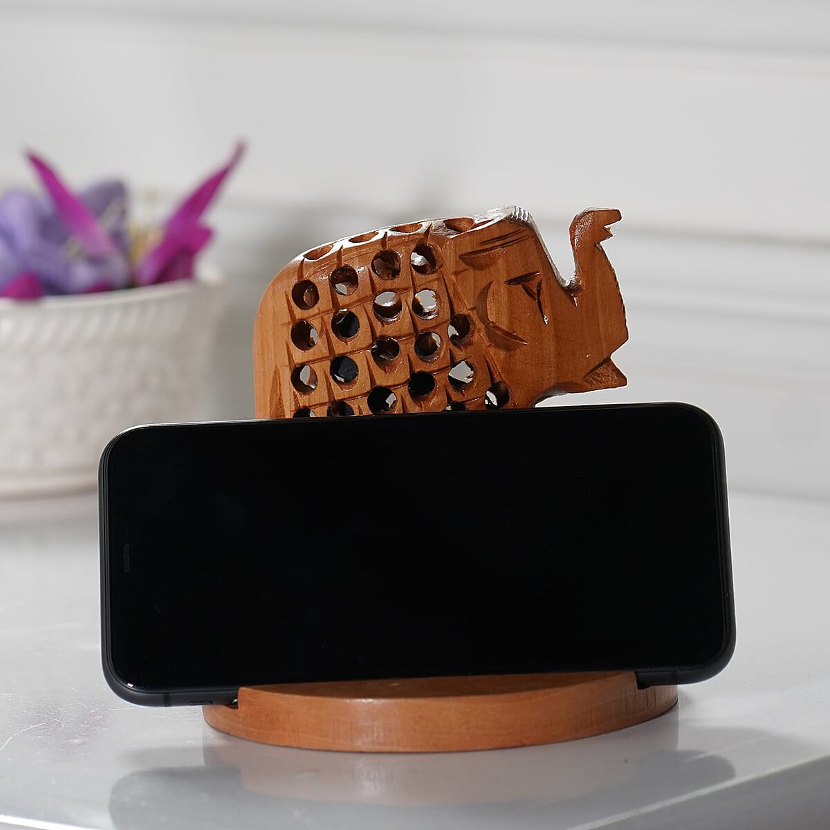 Wooden Hand Carved Elephant Mobile Holder with Shungite image number 2