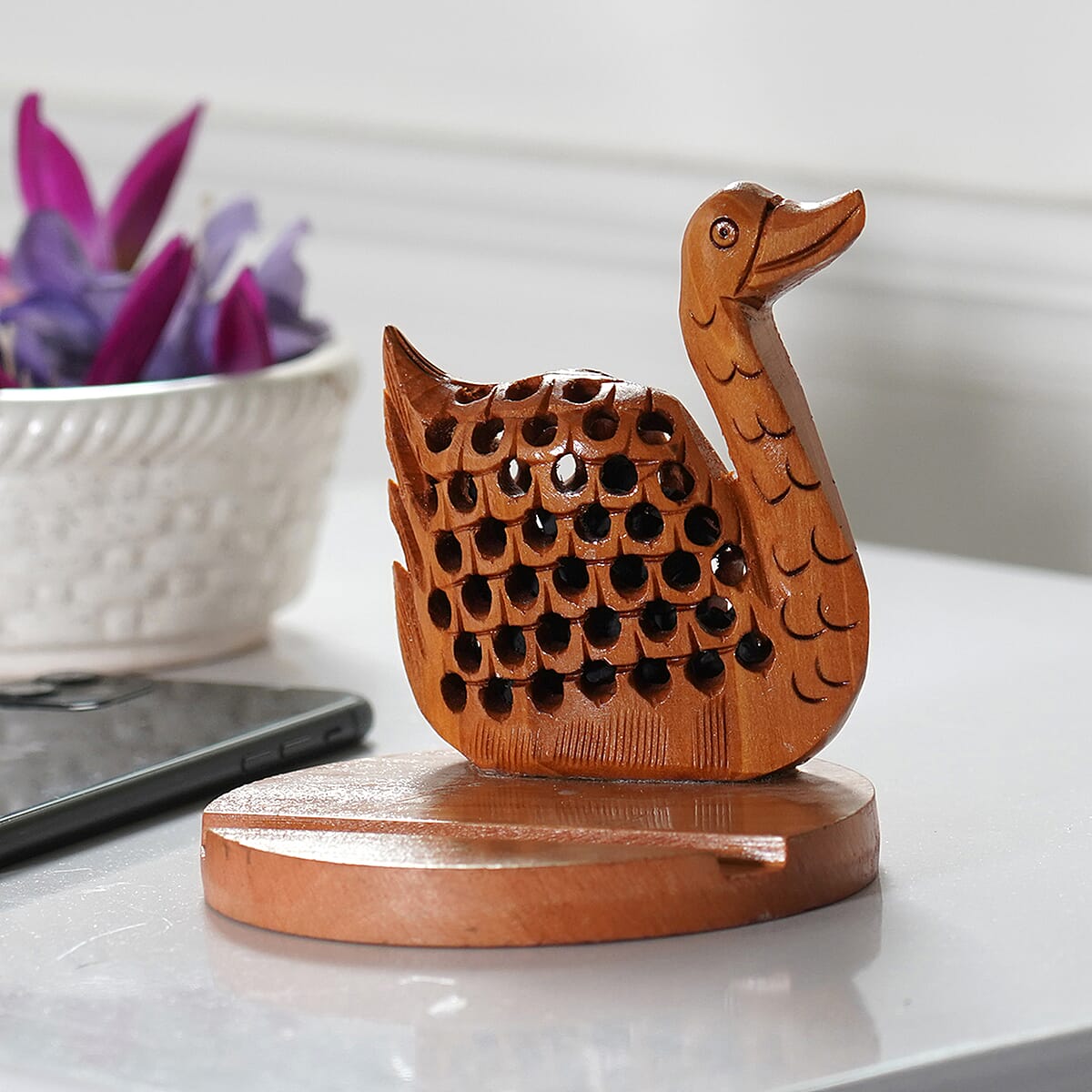 Wooden Hand Carved Swan Mobile Holder with Shungite image number 1