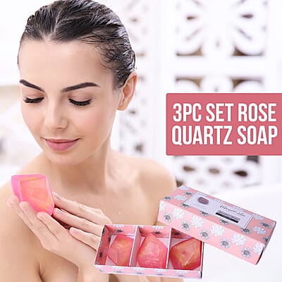 Marigold + Lotus 3pc Set Rose Quartz Soap Rock with Crystal Infused and Strawberry Fragrance