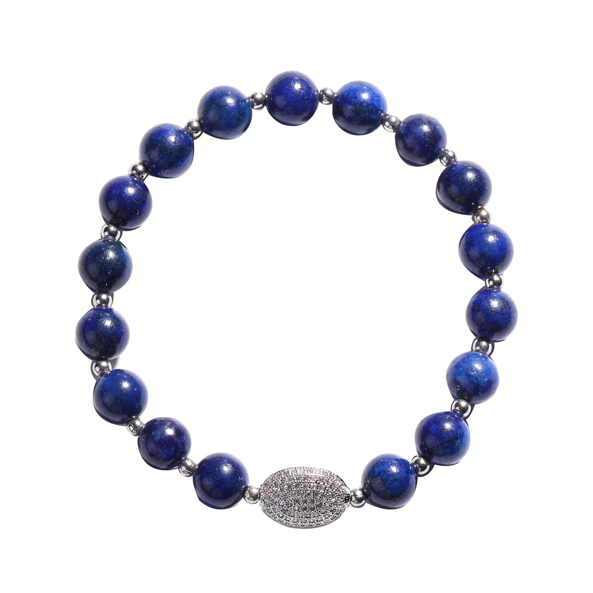 Lapis Lazuli and Simulated Diamond Beaded Stretch Bracelet in Silvertone 77.00 ctw image number 0