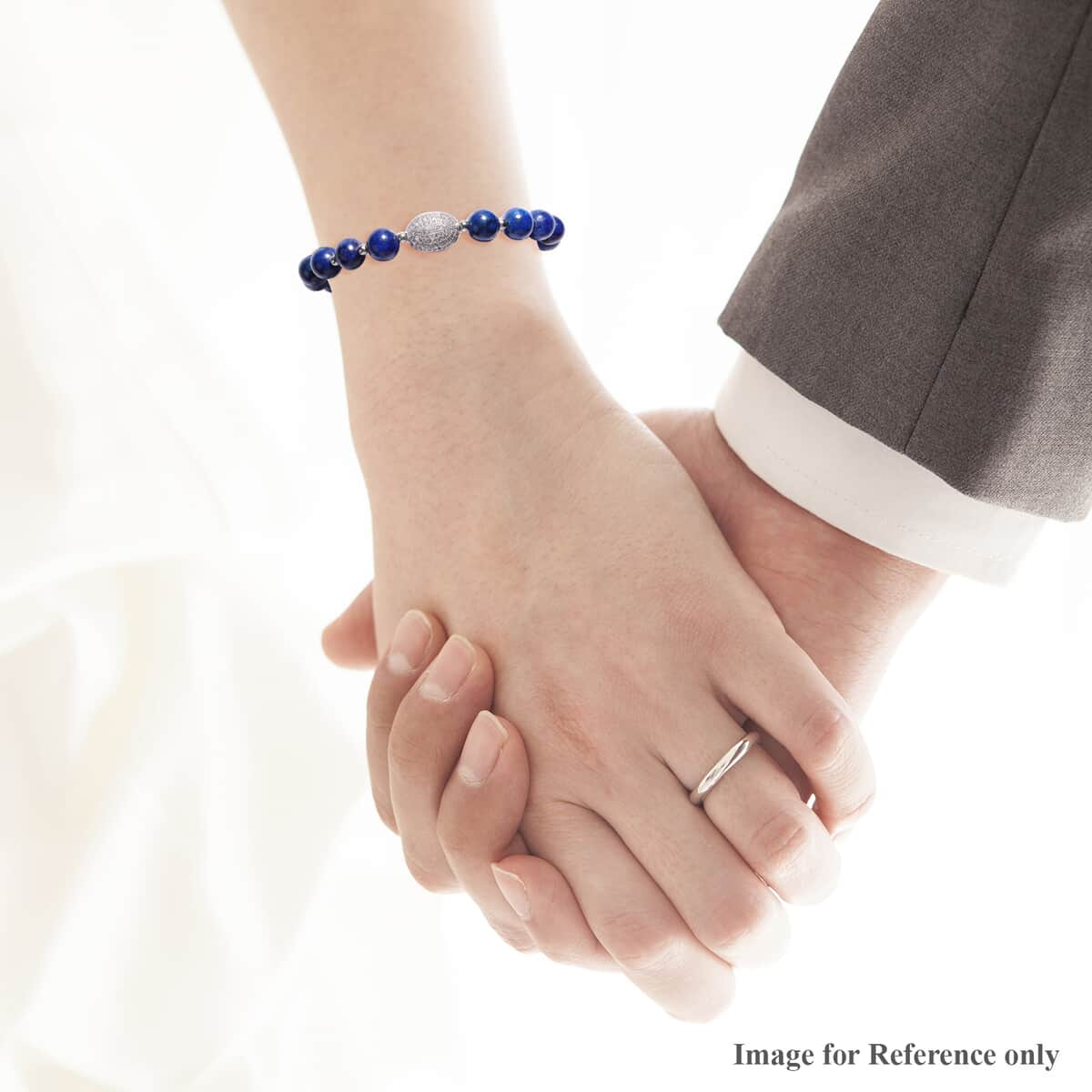 Lapis Lazuli and Simulated Diamond Beaded Stretch Bracelet in Silvertone 77.00 ctw image number 1