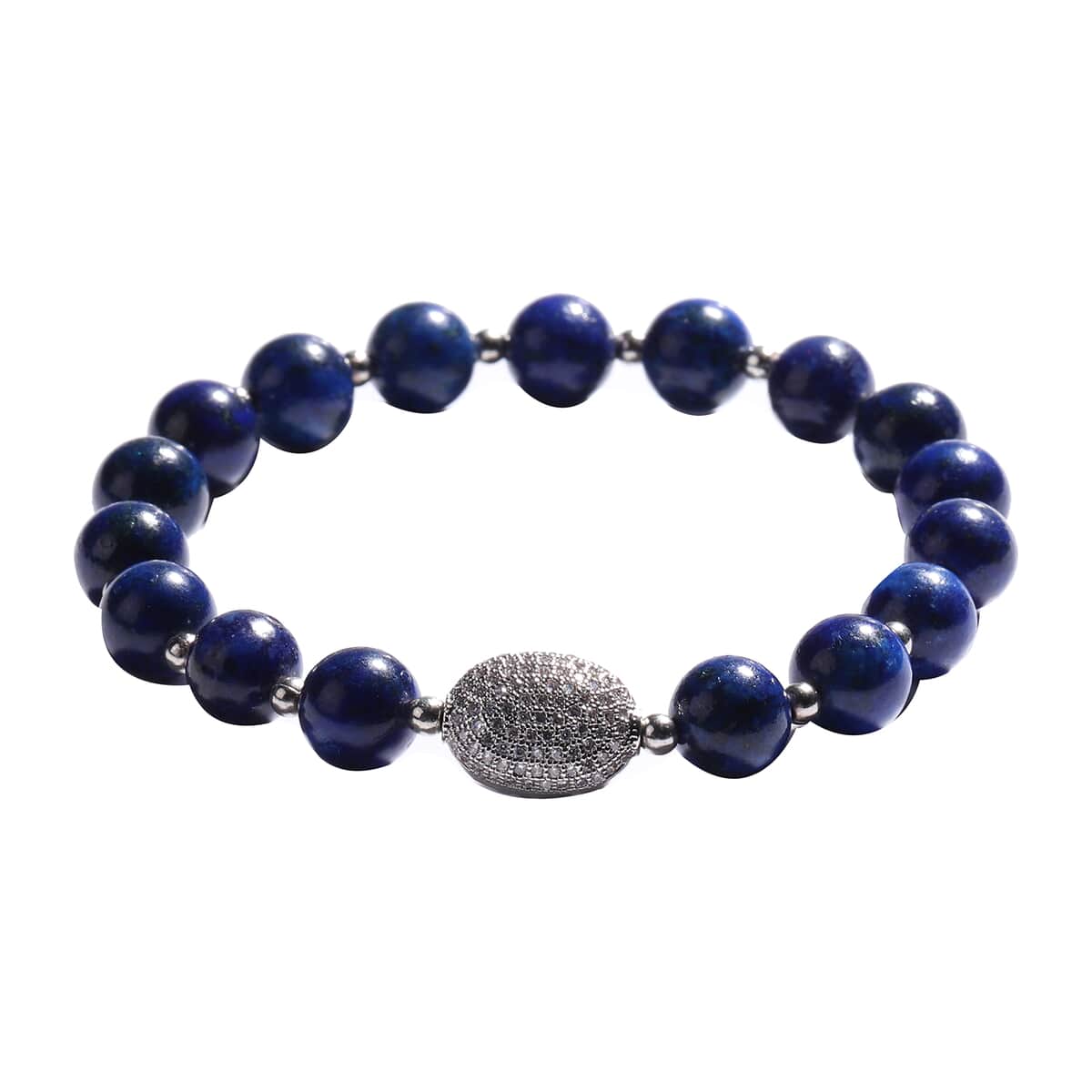 Lapis Lazuli and Simulated Diamond Beaded Stretch Bracelet in Silvertone 77.00 ctw image number 2