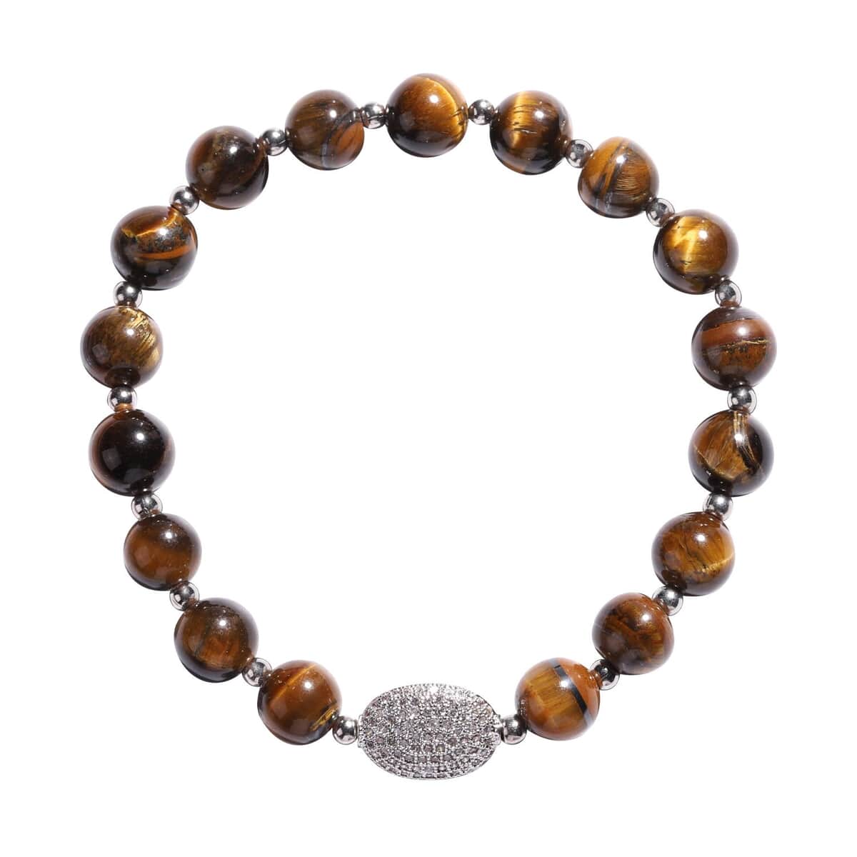 Yellow Tiger's Eye and Simulated Diamond Beaded Stretch Bracelet in Silvertone 65.50 ctw image number 0