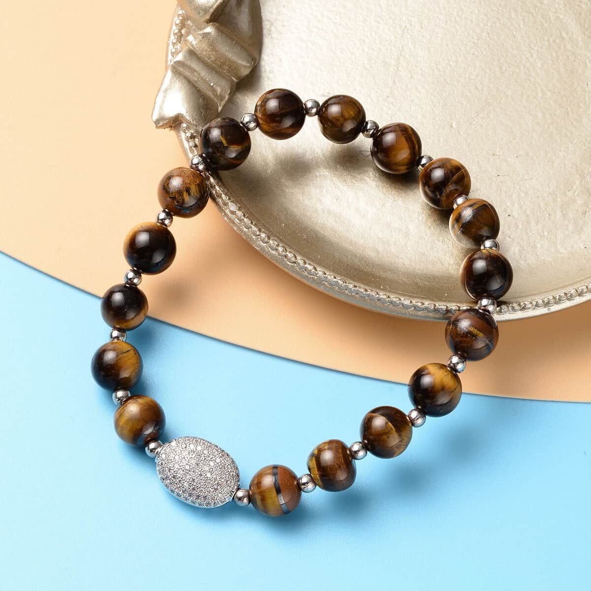 Yellow Tiger's Eye and Simulated Diamond Beaded Stretch Bracelet in Silvertone 65.50 ctw image number 1