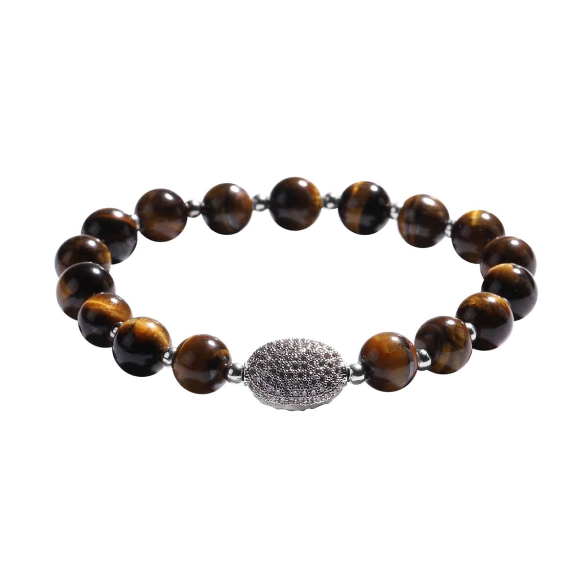 Yellow Tiger's Eye and Simulated Diamond Beaded Stretch Bracelet in Silvertone 65.50 ctw image number 3