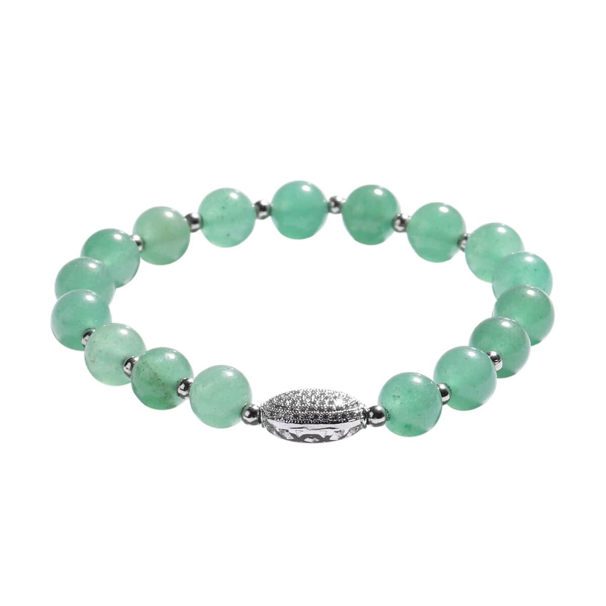 Green Aventurine and Simulated Diamond Beaded Stretch Bracelet in Silvertone 65.50 ctw image number 0
