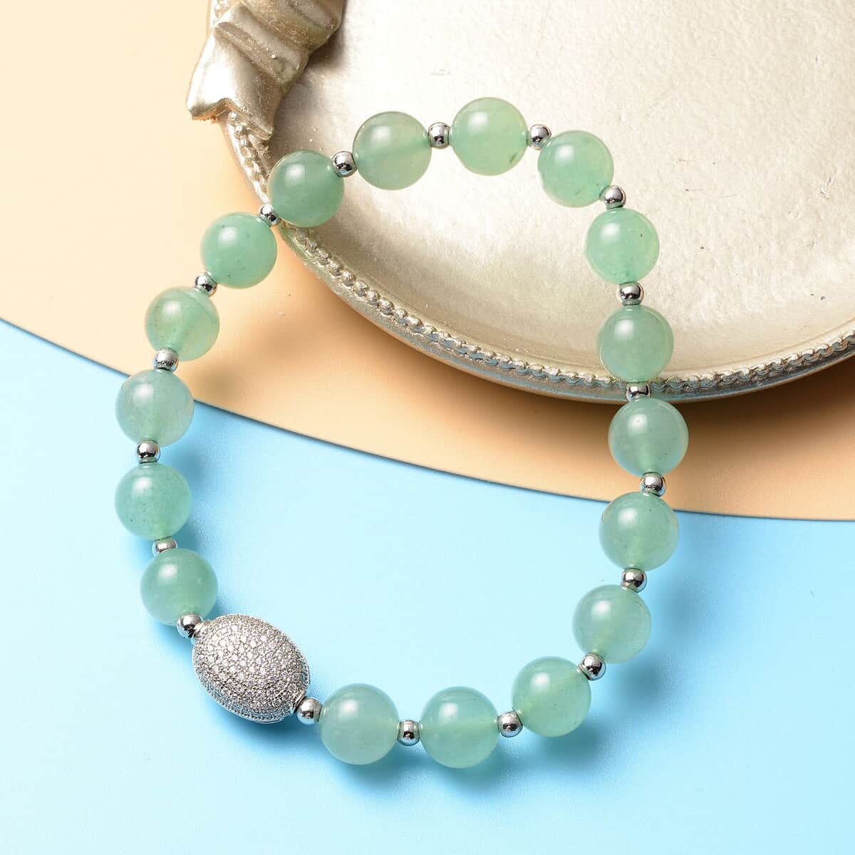Green Aventurine and Simulated Diamond Beaded Stretch Bracelet in Silvertone 65.50 ctw image number 1