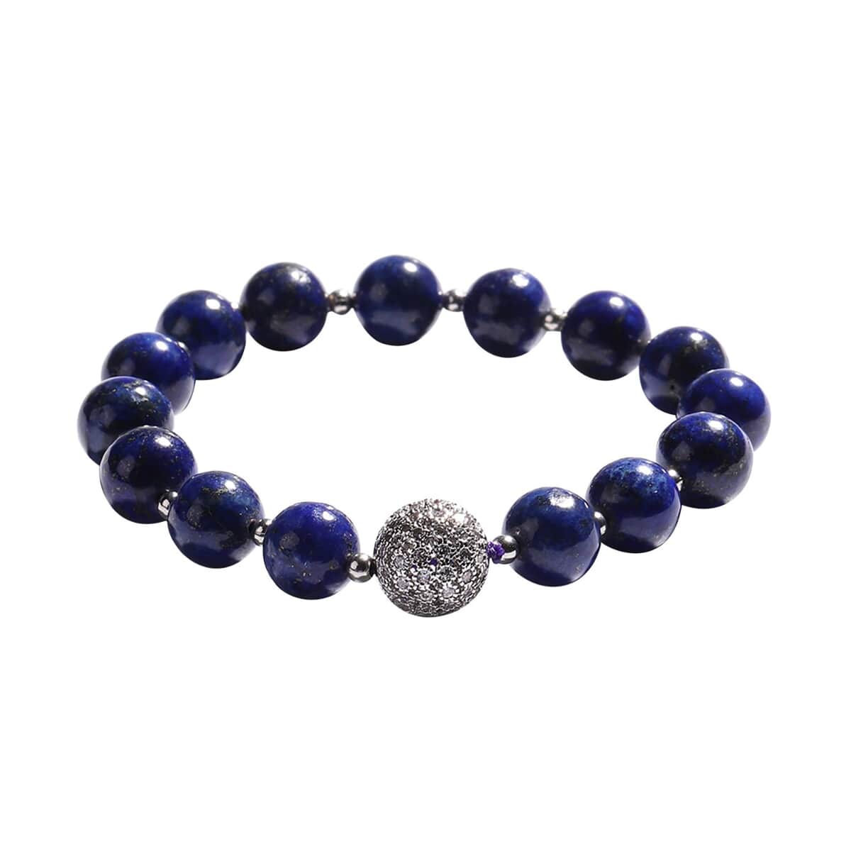 Lapis Lazuli and Simulated Diamond Beaded Stretch Bracelet in Silvertone 110.36 ctw image number 0