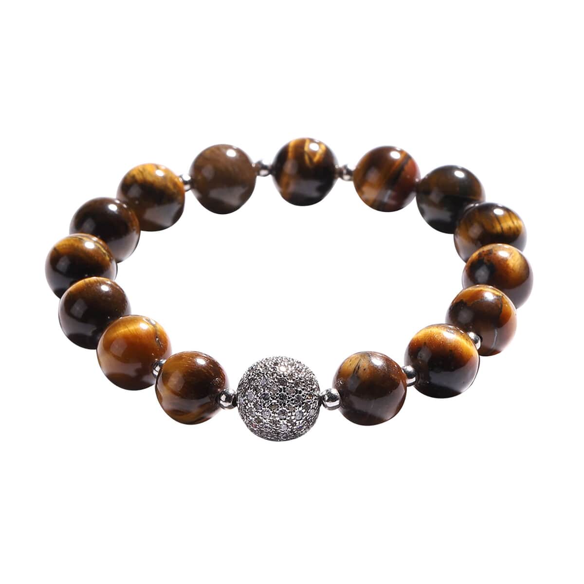 Yellow Tiger's Eye and Simulated Diamond Beaded Stretch Bracelet in Silvertone 112.85 ctw image number 0