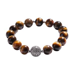 Yellow Tiger's Eye and Simulated Diamond Beaded Stretch Bracelet in Silvertone 112.85 ctw
