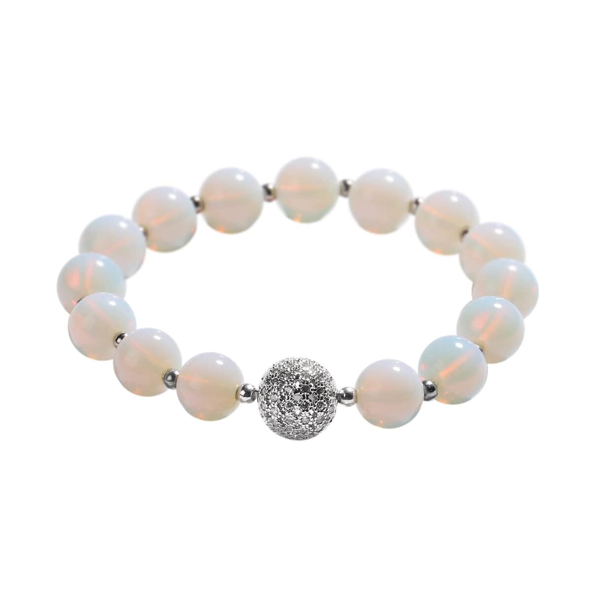 Opalite and Simulated Diamond Beaded Stretch Bracelet in Silvertone 91.00 ctw image number 0