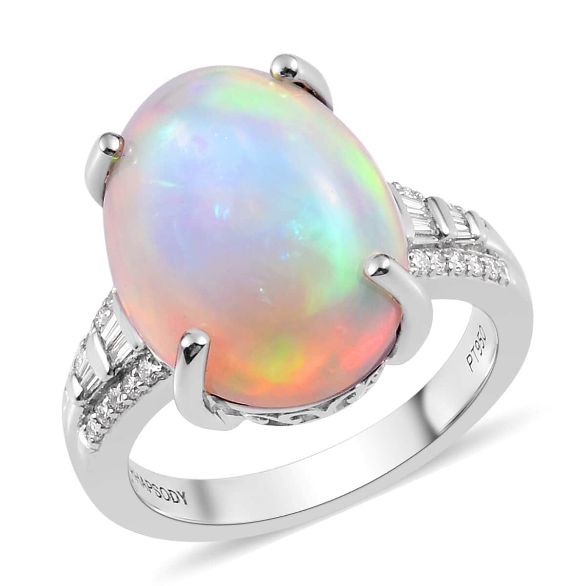 RHAPSODY 950 Platinum AAAA Ethiopian Welo Opal and E-F VS2 Diamond Ring with Appraised Certificate (Size 9.0) 7.85 Grams 6.35 ctw image number 0