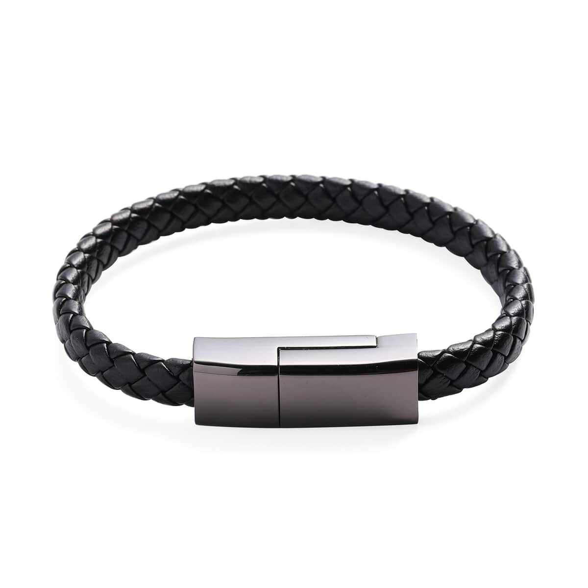 2 in 1 Black Faux Leather USB iOS/Android Charging Cord Bracelet in Dark Silvertone (8.00 In) image number 0