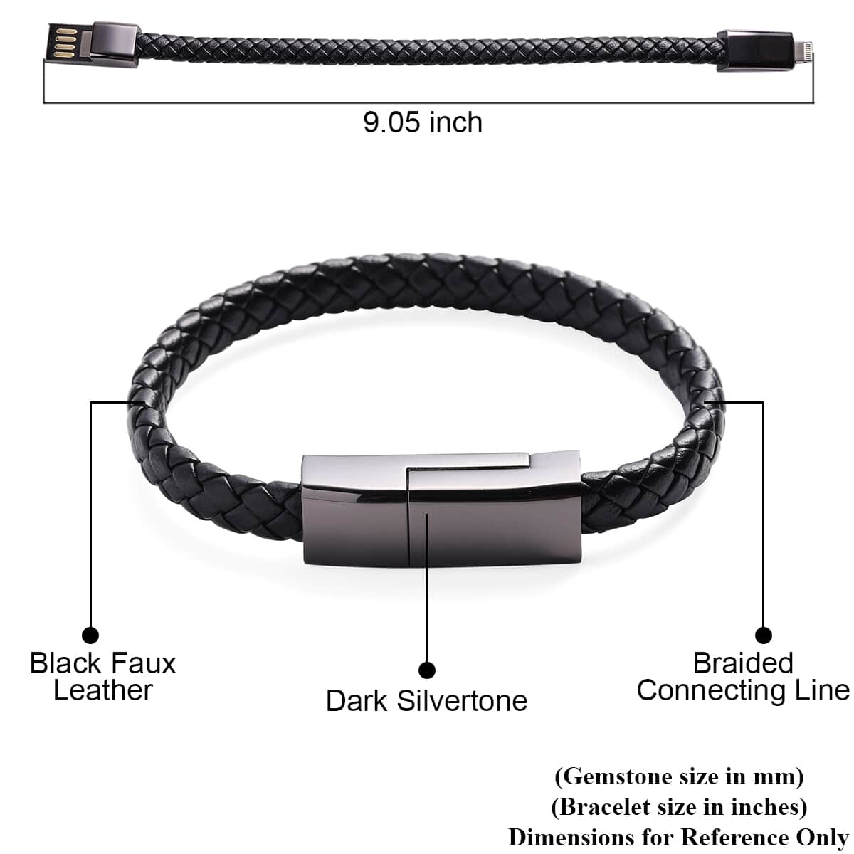 2 in 1 Black Faux Leather USB iOS/Android Charging Cord Bracelet in Dark Silvertone (8.00 In) image number 4