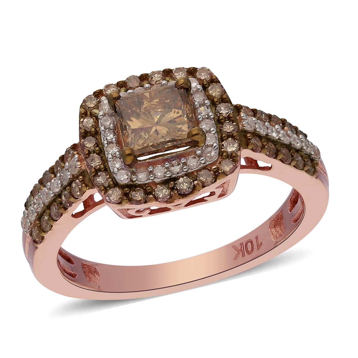 10K Rose Gold Natural Champagne and White Diamond Halo Ring (Size 7.0) 3 Grams 1.00 ctw image number 0