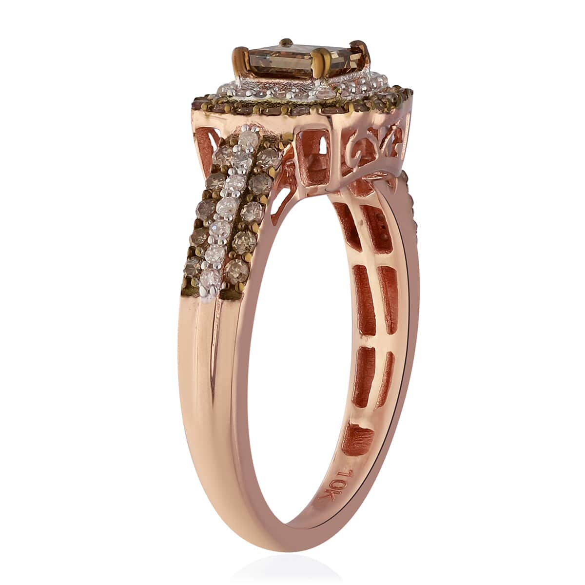 10K Rose Gold Natural Champagne and White Diamond Halo Ring (Size 7.0) 3 Grams 1.00 ctw image number 2