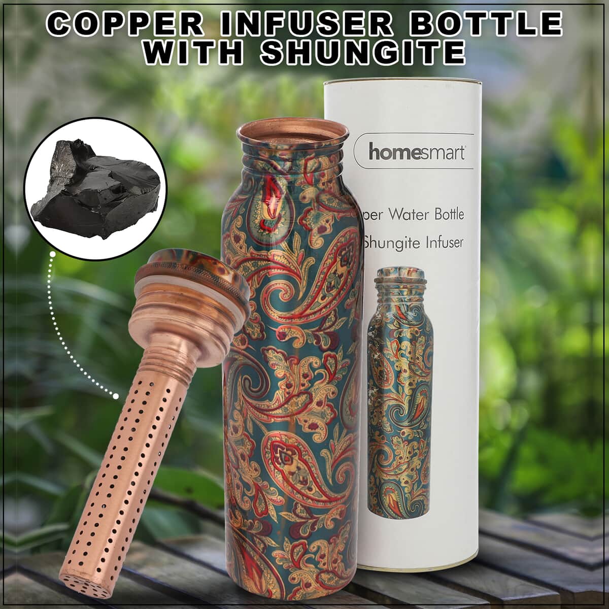 Multi Color Printed Solid Copper Bottle with Elite Shungite and Copper Infuser (33.81 oz) image number 1