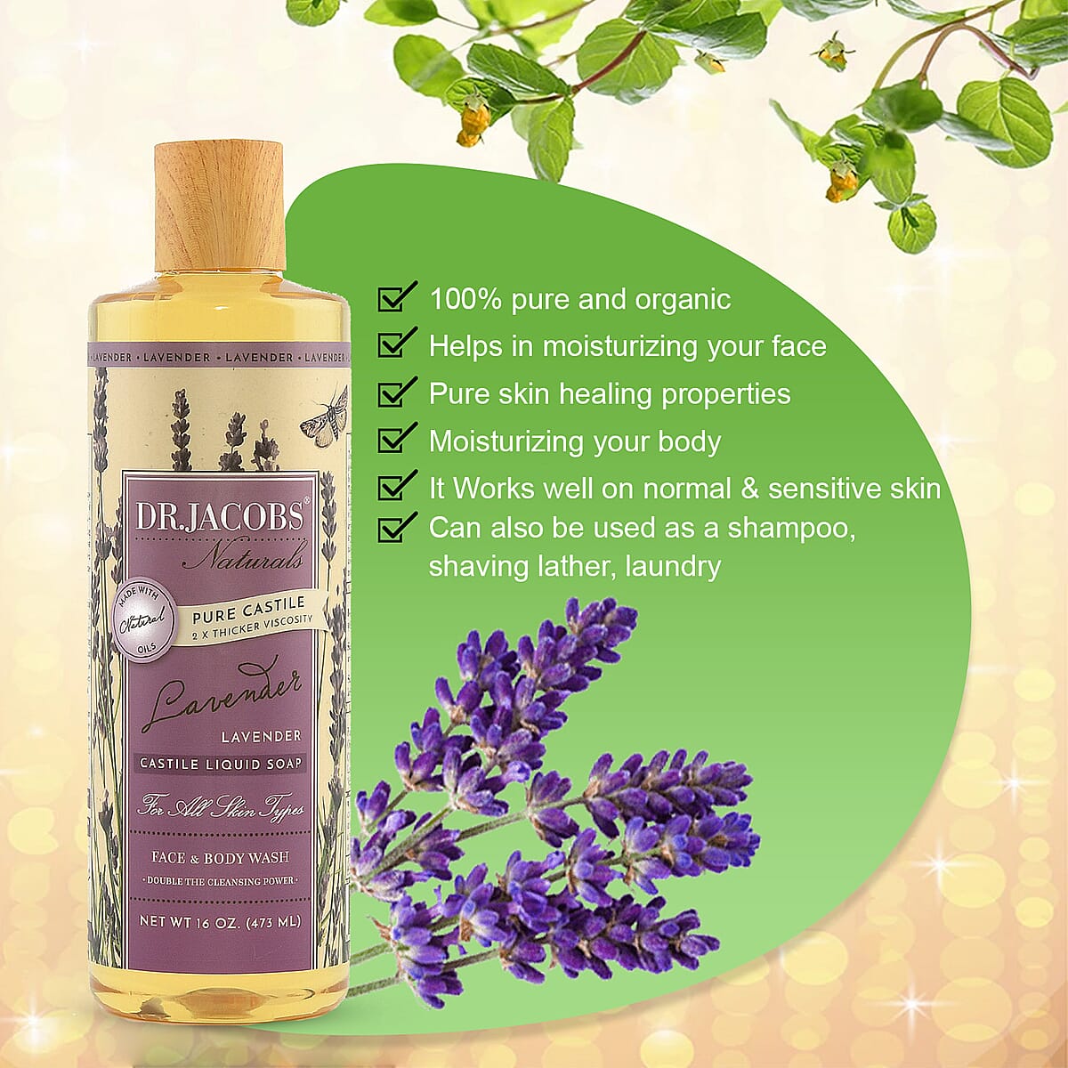 DR. JACOBS Naturals Face & Body Wash -Lavender 16 oz. (Made in USA) image number 2