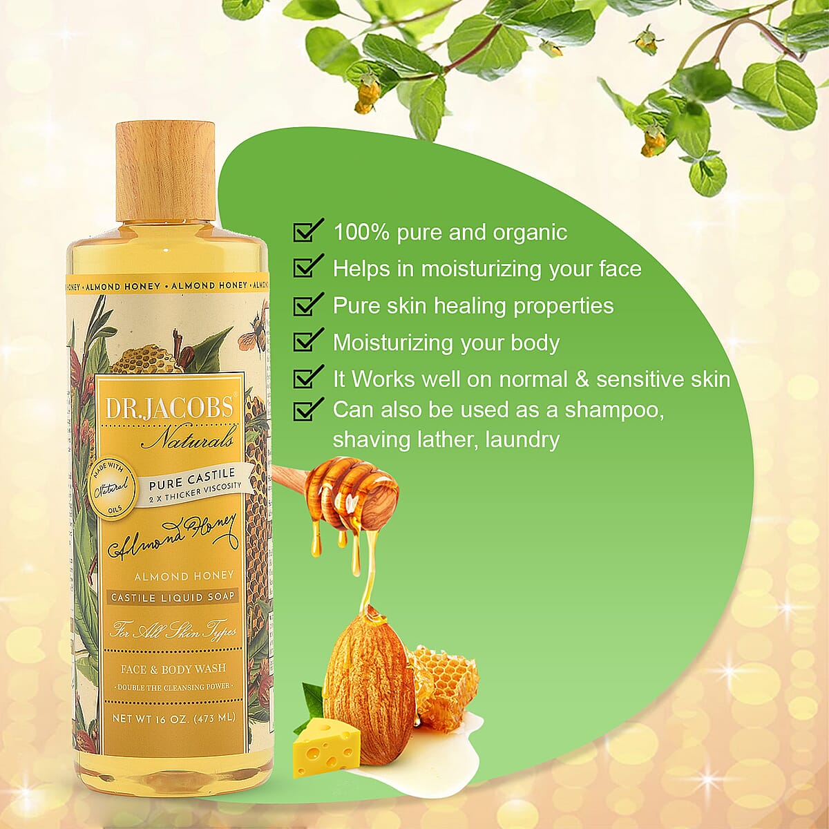DR. JACOBS Naturals Face & Body Wash -Almond Honey 16 oz. (Made in USA) image number 2