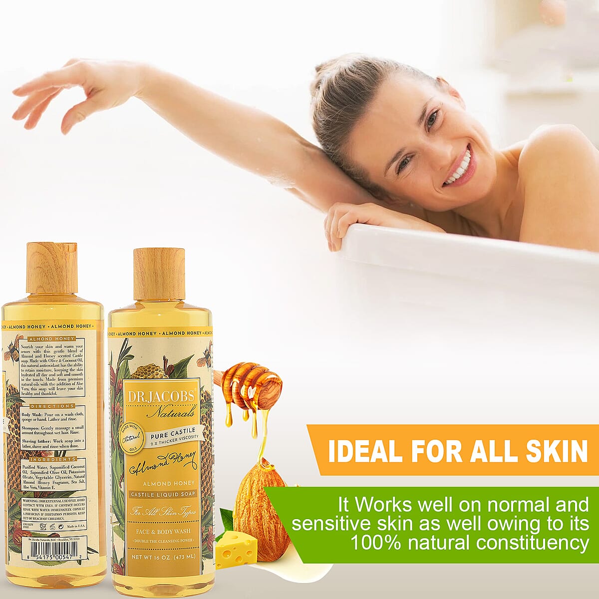 DR. JACOBS Naturals Face & Body Wash -Almond Honey 16 oz. (Made in USA) image number 3