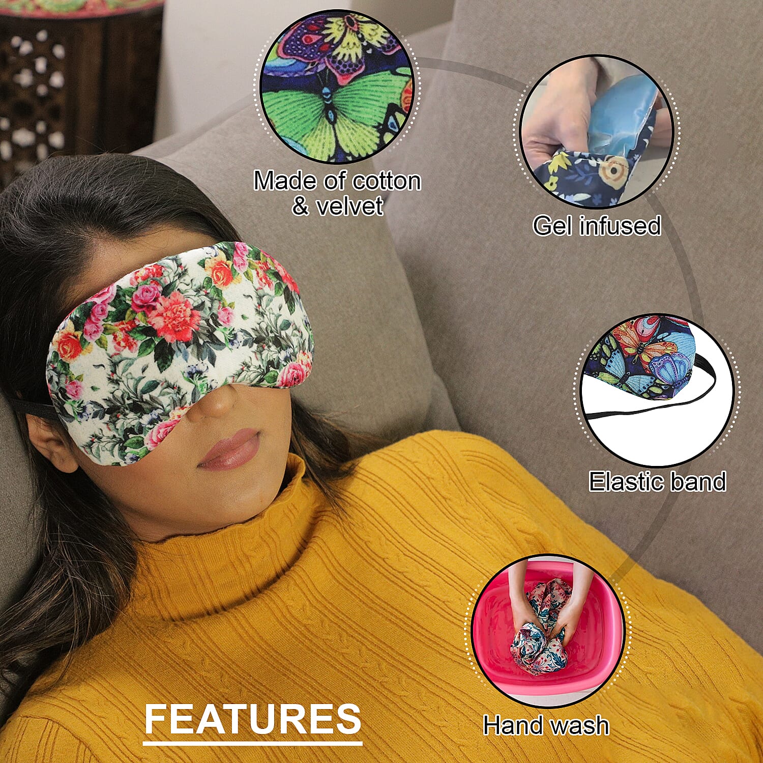 Set of 2 Floral Printed Cotton Velvet Eye Mask with Gel