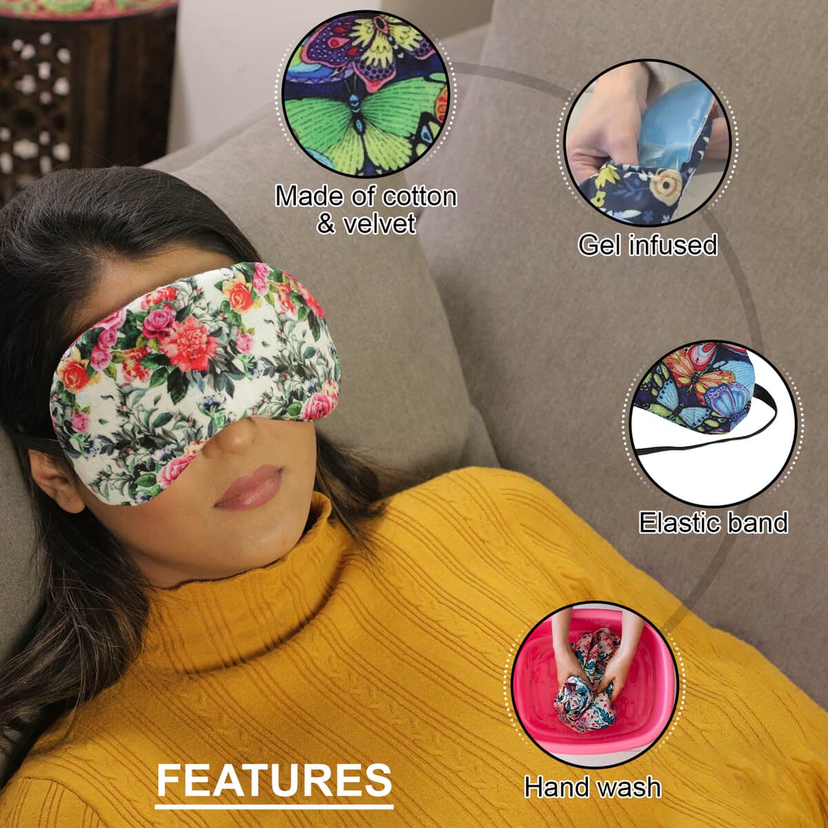 Set of 2 Floral Printed Cotton Velvet Eye Mask with Gel image number 2