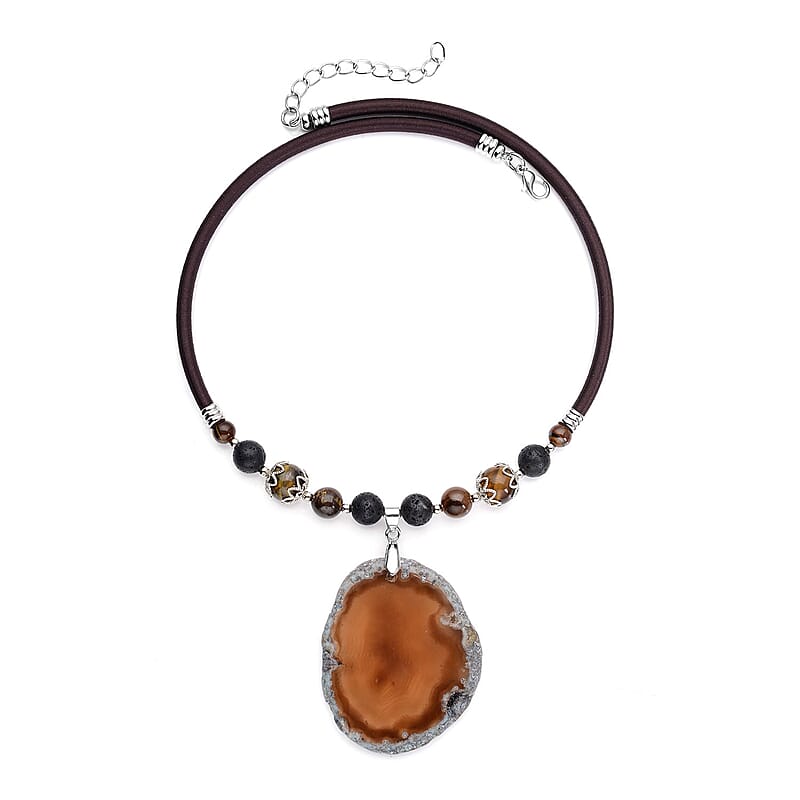 Enhanced Brown Agate and Multi Gemstones Beaded Necklace 17-19 Inches in Cord and Silvertone 248.50 ctw