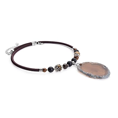 Enhanced Brown Agate and Multi Gemstones Beaded Necklace 17-19 Inches in Cord and Silvertone 248.50 ctw