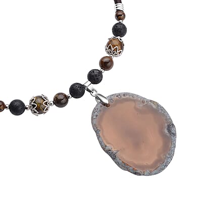 Enhanced Brown Agate and Multi Gemstones Beaded Necklace 17-19 Inches in Cord and Silvertone 248.50 ctw