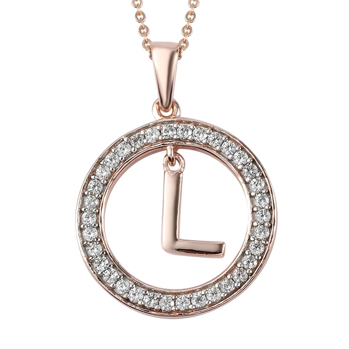 Natural White Zircon Initial L Pendant Necklace 20 Inches in Vermeil Rose Gold Over Sterling Silver 0.70 ctw image number 0