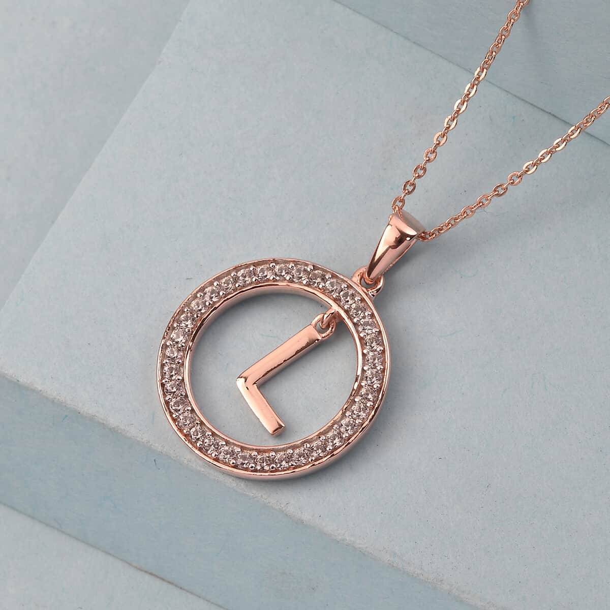 Natural White Zircon Initial L Pendant Necklace 20 Inches in Vermeil Rose Gold Over Sterling Silver 0.70 ctw image number 1