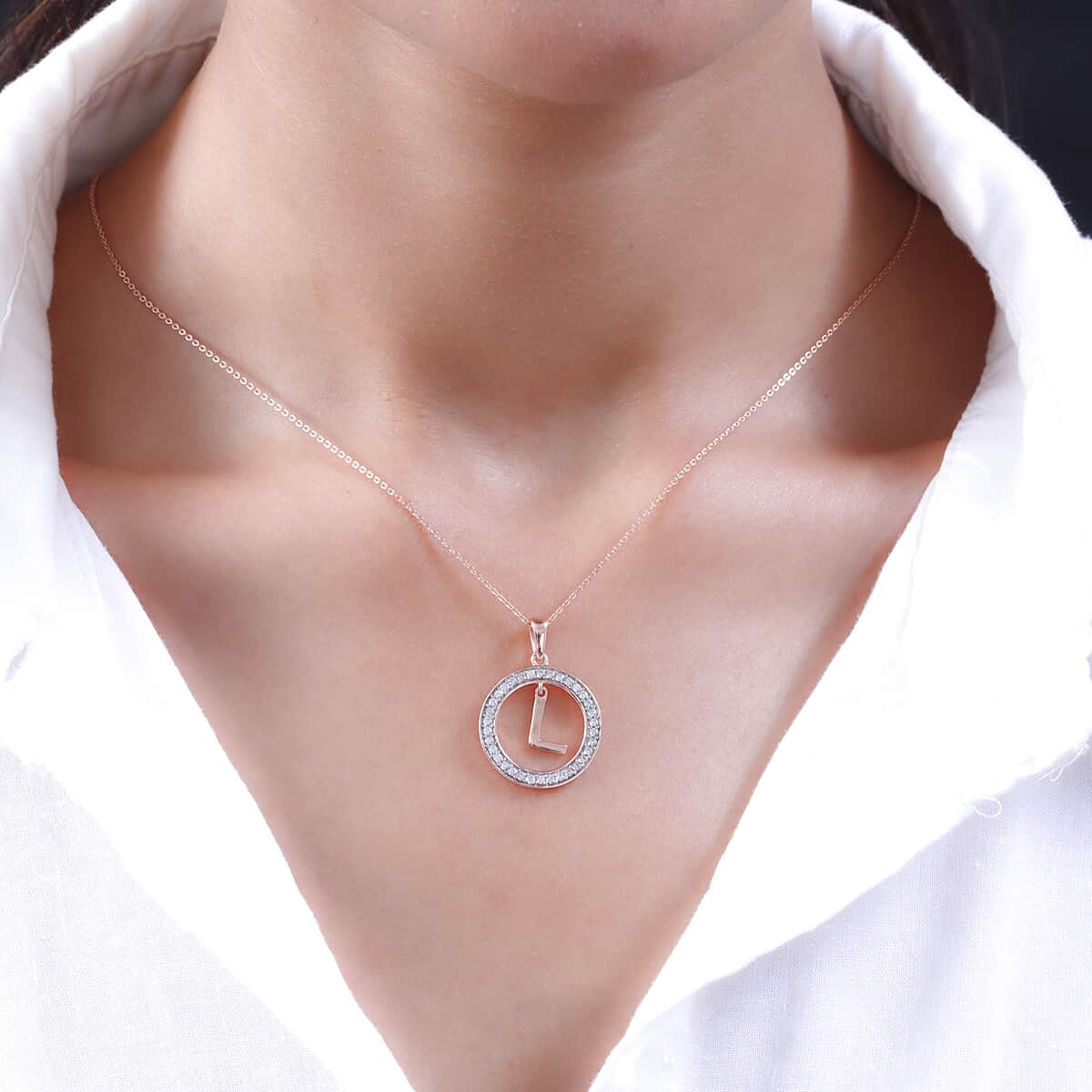Natural White Zircon Initial L Pendant Necklace 20 Inches in Vermeil Rose Gold Over Sterling Silver 0.70 ctw image number 2