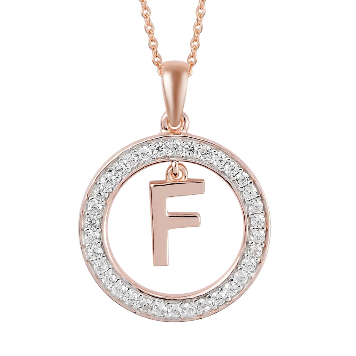 Natural White Zircon Initial F Pendant Necklace 20 Inches in Vermeil Rose Gold Over Sterling Silver 0.70 ctw image number 0