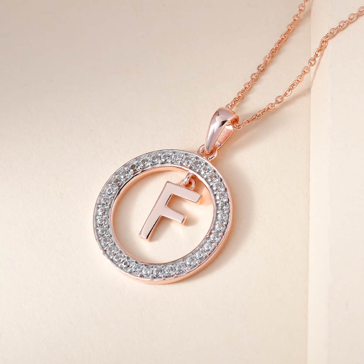 Natural White Zircon Initial F Pendant Necklace 20 Inches in Vermeil Rose Gold Over Sterling Silver 0.70 ctw image number 1