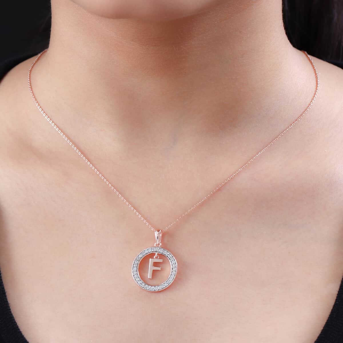 Natural White Zircon Initial F Pendant Necklace 20 Inches in Vermeil Rose Gold Over Sterling Silver 0.70 ctw image number 2