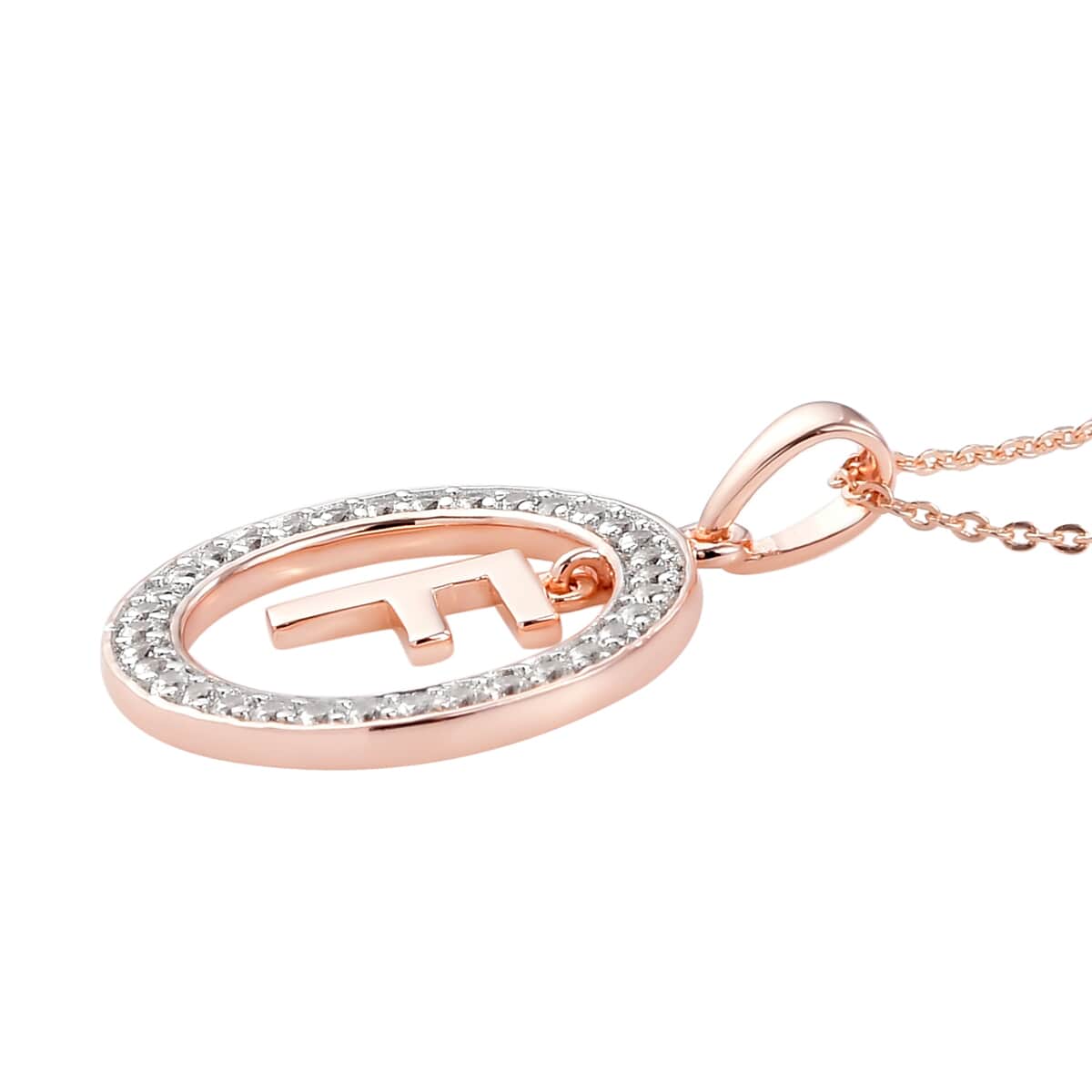 Natural White Zircon Initial F Pendant Necklace 20 Inches in Vermeil Rose Gold Over Sterling Silver 0.70 ctw image number 3