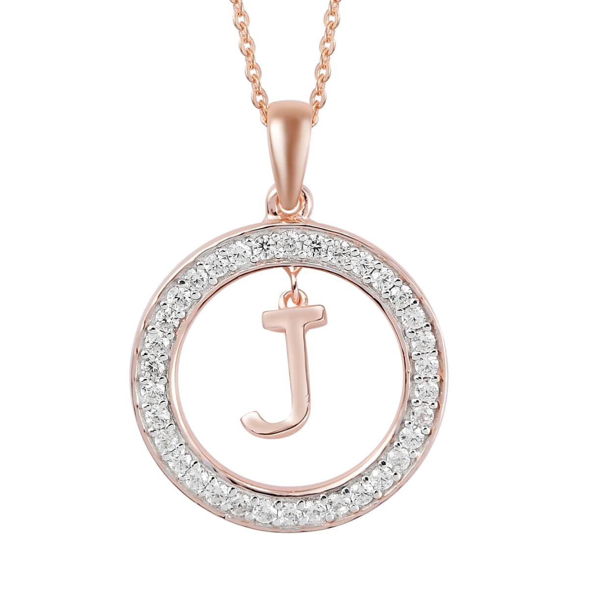 Natural White Zircon Initial J Pendant Necklace 20 Inches in Vermeil Rose Gold Over Sterling Silver 0.70 ctw image number 0