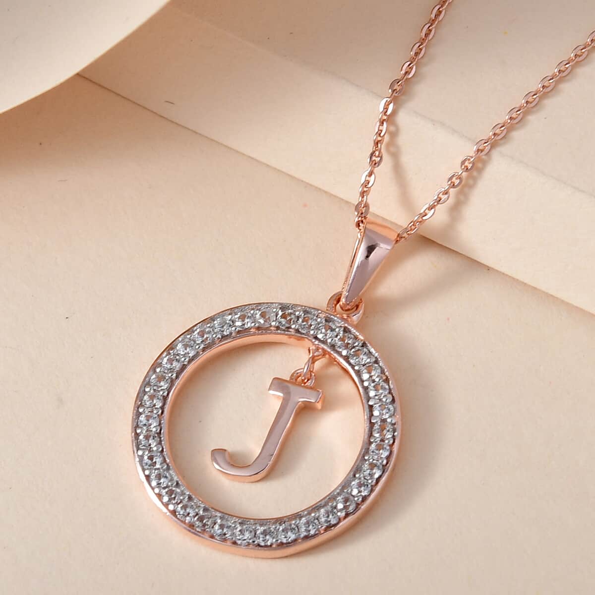 Natural White Zircon Initial J Pendant Necklace 20 Inches in Vermeil Rose Gold Over Sterling Silver 0.70 ctw image number 1
