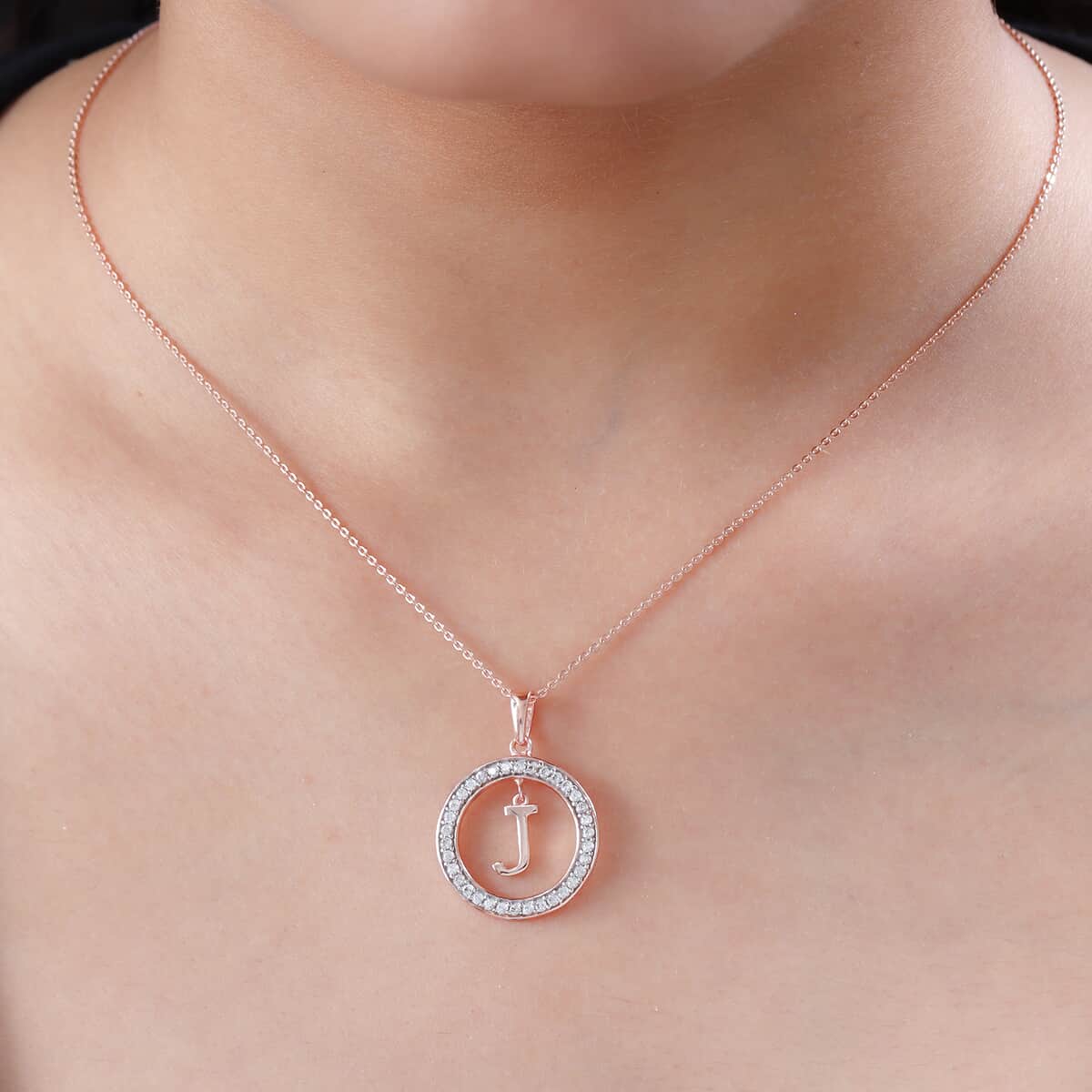 Natural White Zircon Initial J Pendant Necklace 20 Inches in Vermeil Rose Gold Over Sterling Silver 0.70 ctw image number 2