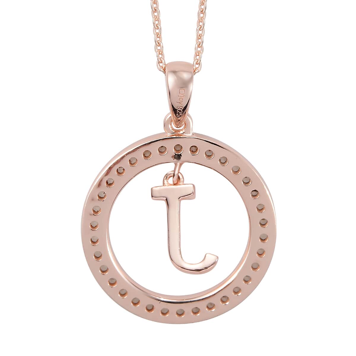 Natural White Zircon Initial J Pendant Necklace 20 Inches in Vermeil Rose Gold Over Sterling Silver 0.70 ctw image number 4
