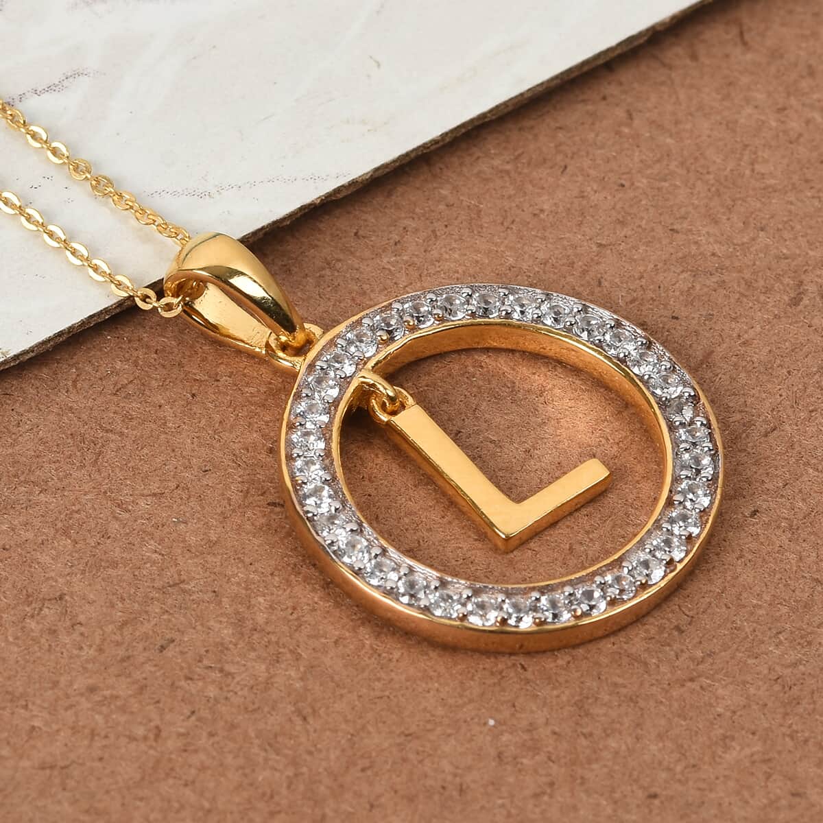 Natural White Zircon L Pendant Necklace 20 Inches in Vermeil Yellow Gold Over Sterling Silver image number 1