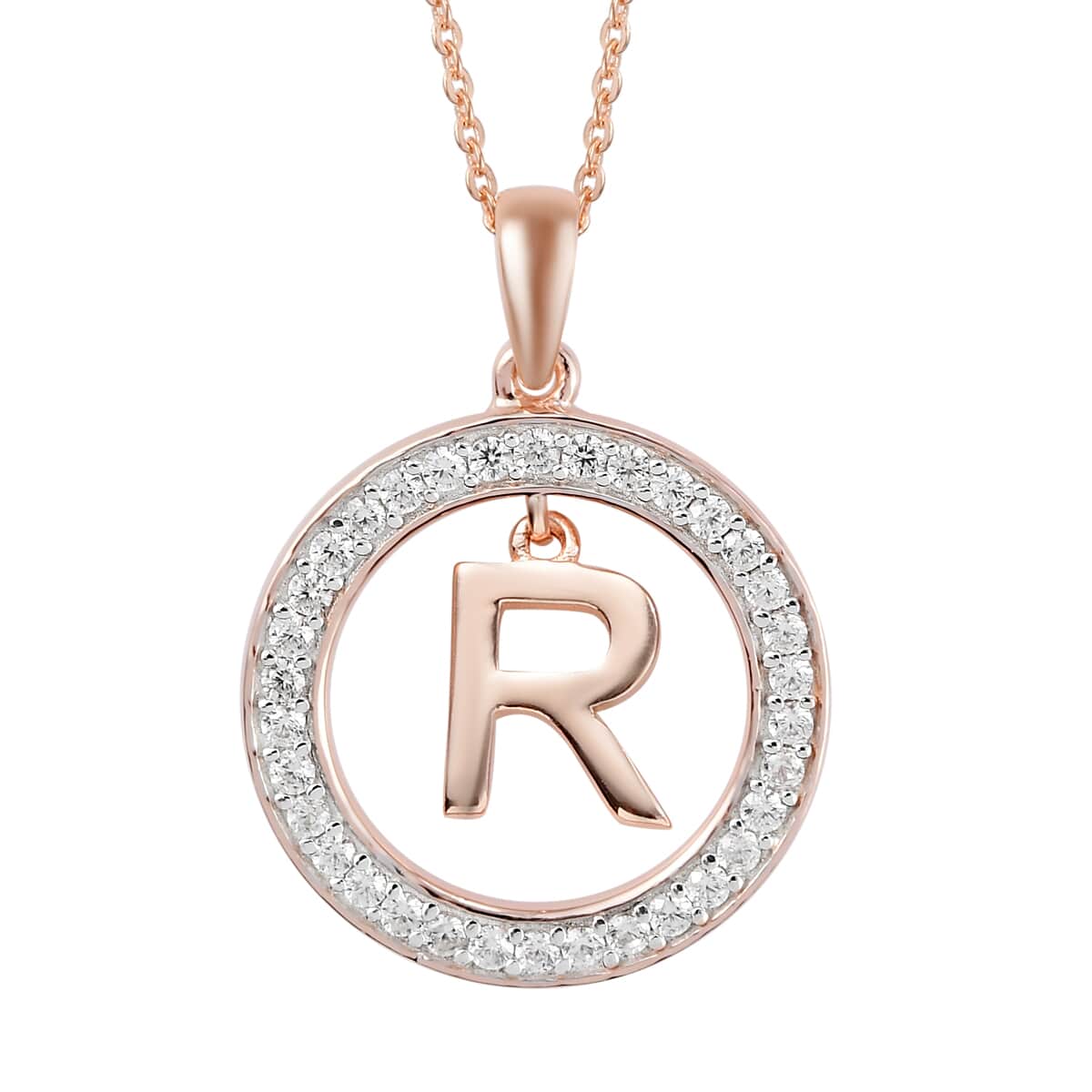 Natural White Zircon R Pendant Necklace 20 Inches in Vermeil Rose Gold Over Sterling Silver 0.70 ctw image number 0