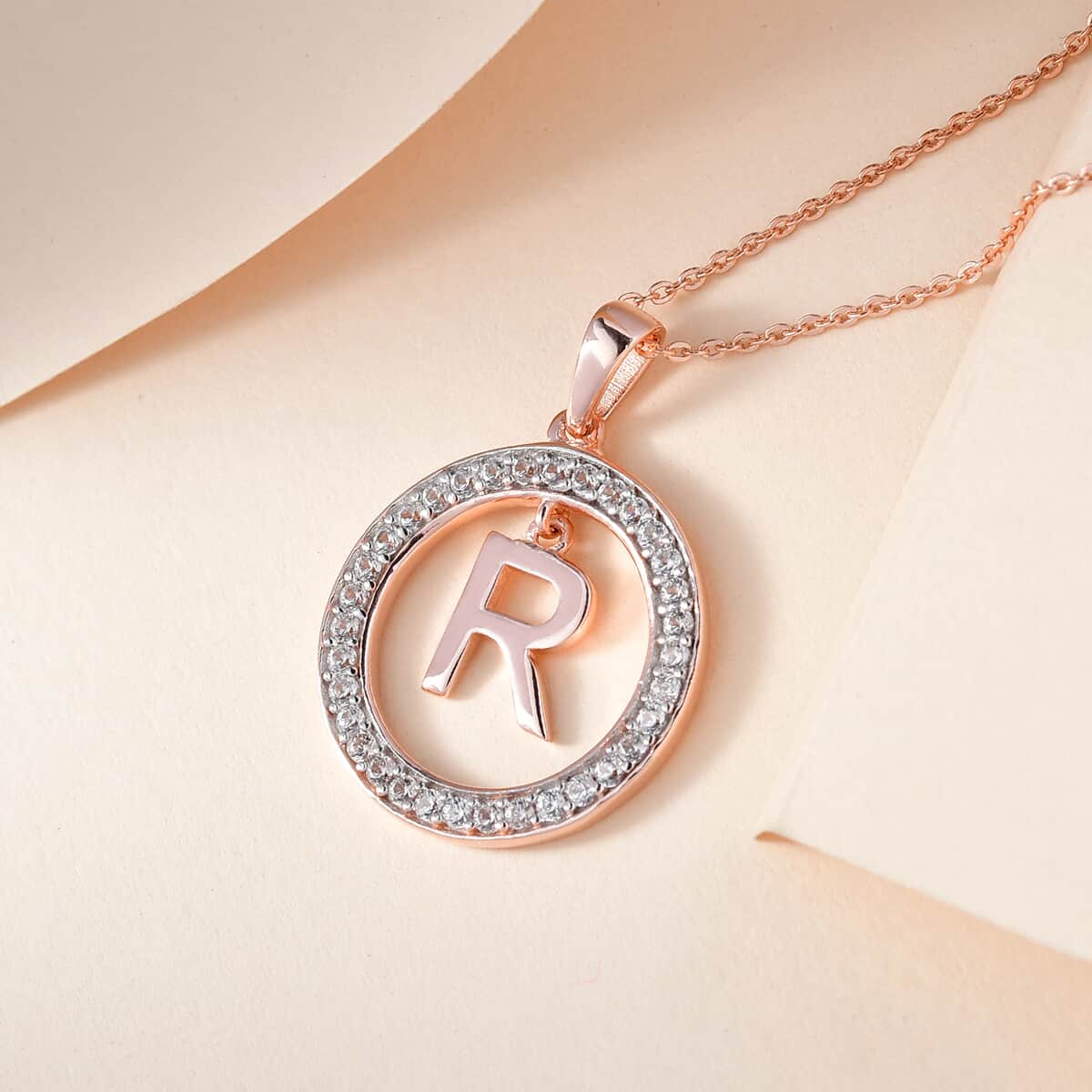 Natural White Zircon R Pendant Necklace 20 Inches in Vermeil Rose Gold Over Sterling Silver 0.70 ctw image number 1