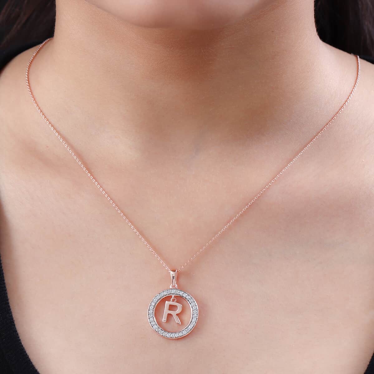 Natural White Zircon R Pendant Necklace 20 Inches in Vermeil Rose Gold Over Sterling Silver 0.70 ctw image number 2
