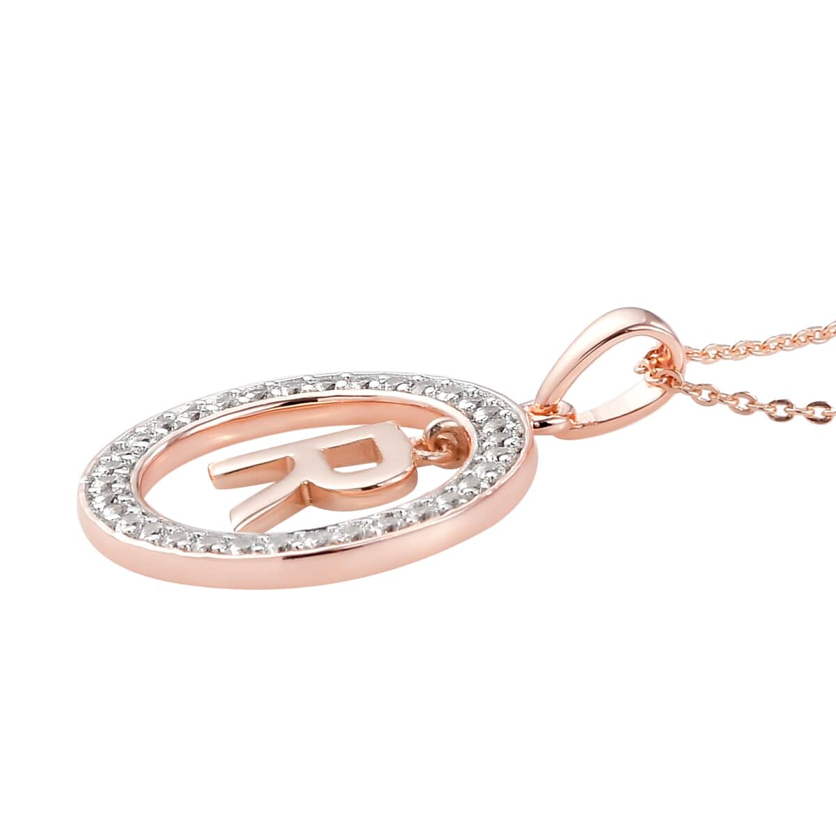 Natural White Zircon R Pendant Necklace 20 Inches in Vermeil Rose Gold Over Sterling Silver 0.70 ctw image number 3